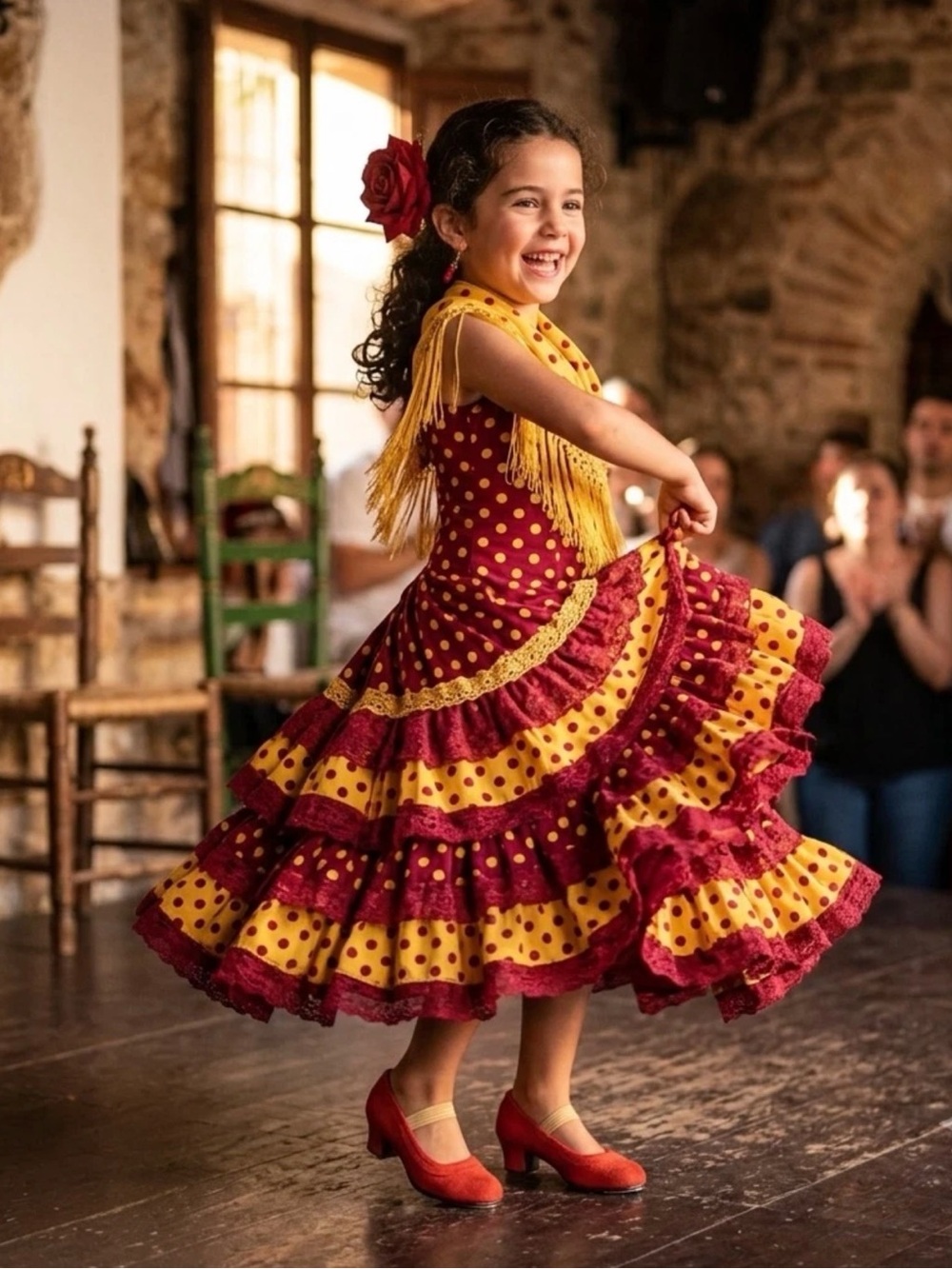 Roberto Collina Red and Yellow Polka Dot Flamenco Dance Dress for Kids